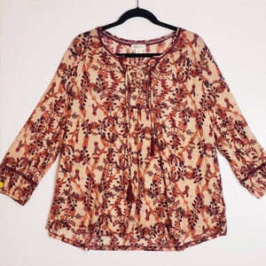 Style & Co Woman Boho Fall Floral Lace Up Front Balloon Long Sleeve Tunic Top 2X